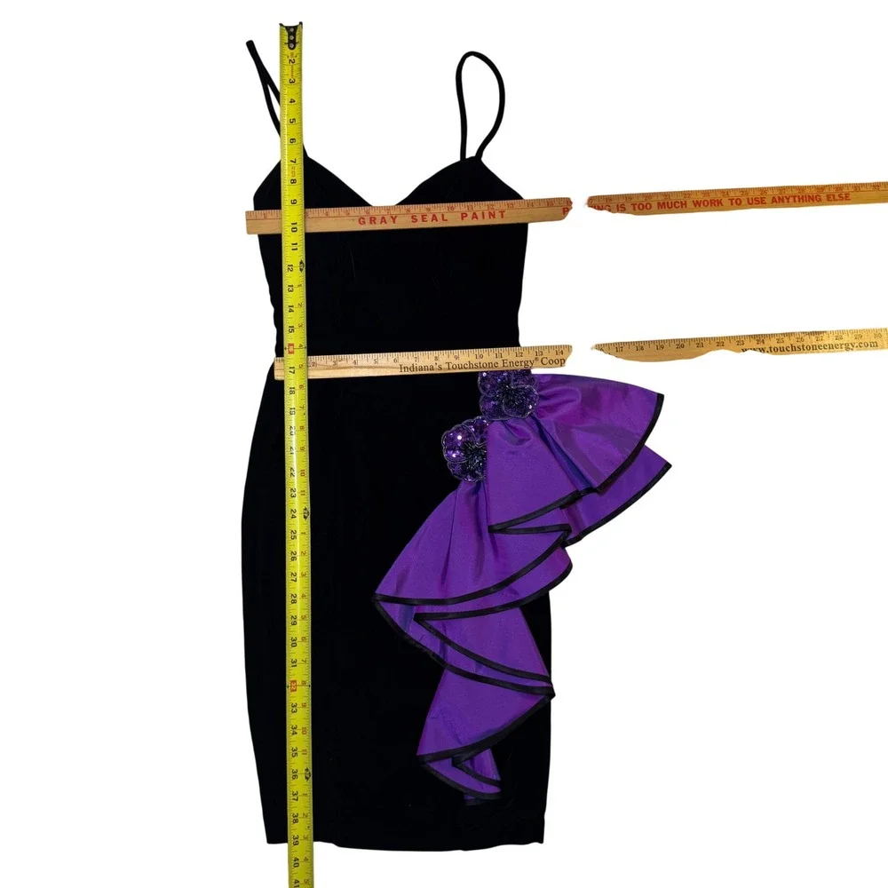 Vintage New Leaf 80s Black Velvet Purple Ruffle Beaded Floral Cocktail Dress 4 - Picture 6 of 10
